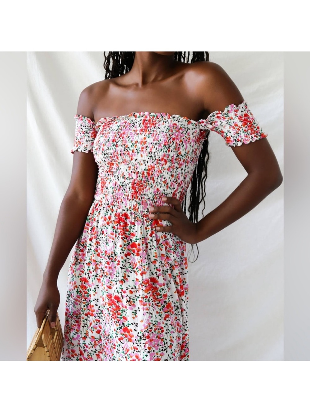 Lulu's Pink Floral Strapless Smocked Midi Dress - Picture 3 of 4